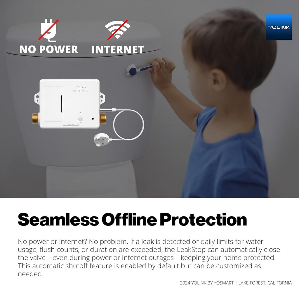 YoLink LeakStop 1-Channel for Toilets/Sinks, Auto Shutoff Valve & Leak Detector, Real-Time Monitoring, LoRa Long-Range, 2 AA Up to 5-Year Battery, App/SMS/Email Alerts – Hub Required