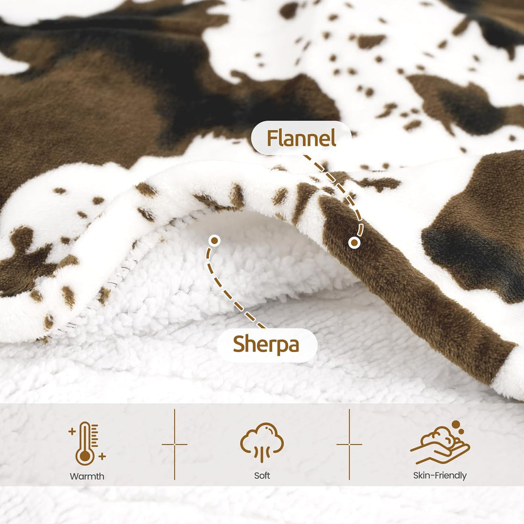 Electric Blanket Twin Size - Reversible Sherpa & Flannel, 62"× 84" Heated Throw Blanket with 6 Heat Settings & 1-12H Timer, Machine Washable, Warm Gift for Women, Brown Cow Print
