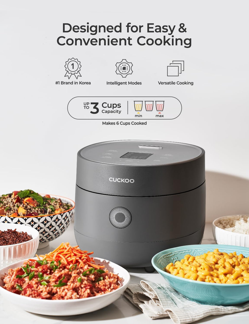 CUCKOO Micom Rice Cooker 3-Cup Uncooked / 6-Cup Cooked with Nonstick Inner Pot, Small Rice Maker with 8 Menu Options, Fuzzy Logic Technology, Auto Clean, Quick Rice Mode, Gray (CR-0375FG)