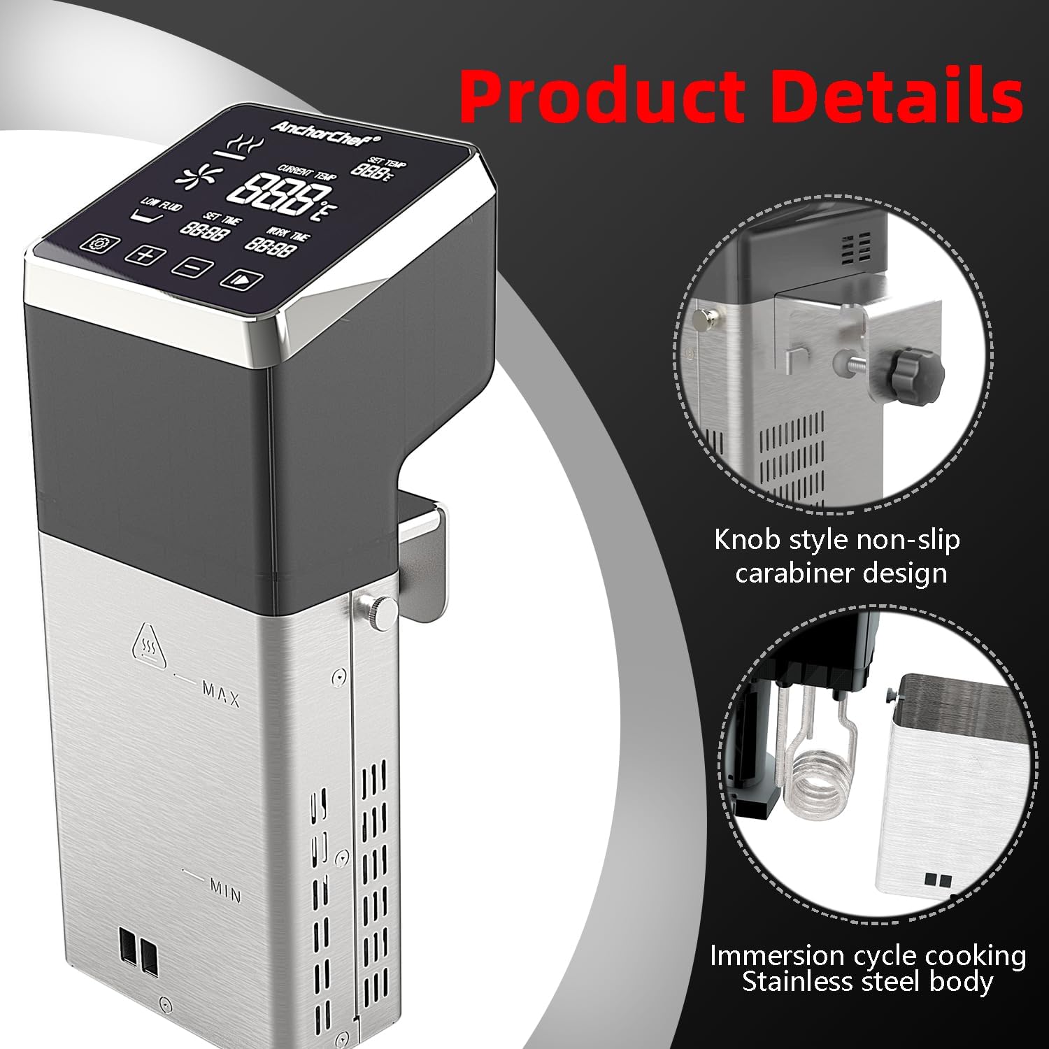 AnchorChef Immersion Circulator, Commercial Restaurant Sous Vide Machine，Large capacity sous vide, Fast-Heating，Sous vide cooker 1400W，With large Touchscreen Accurate Temperature Timer (120V)