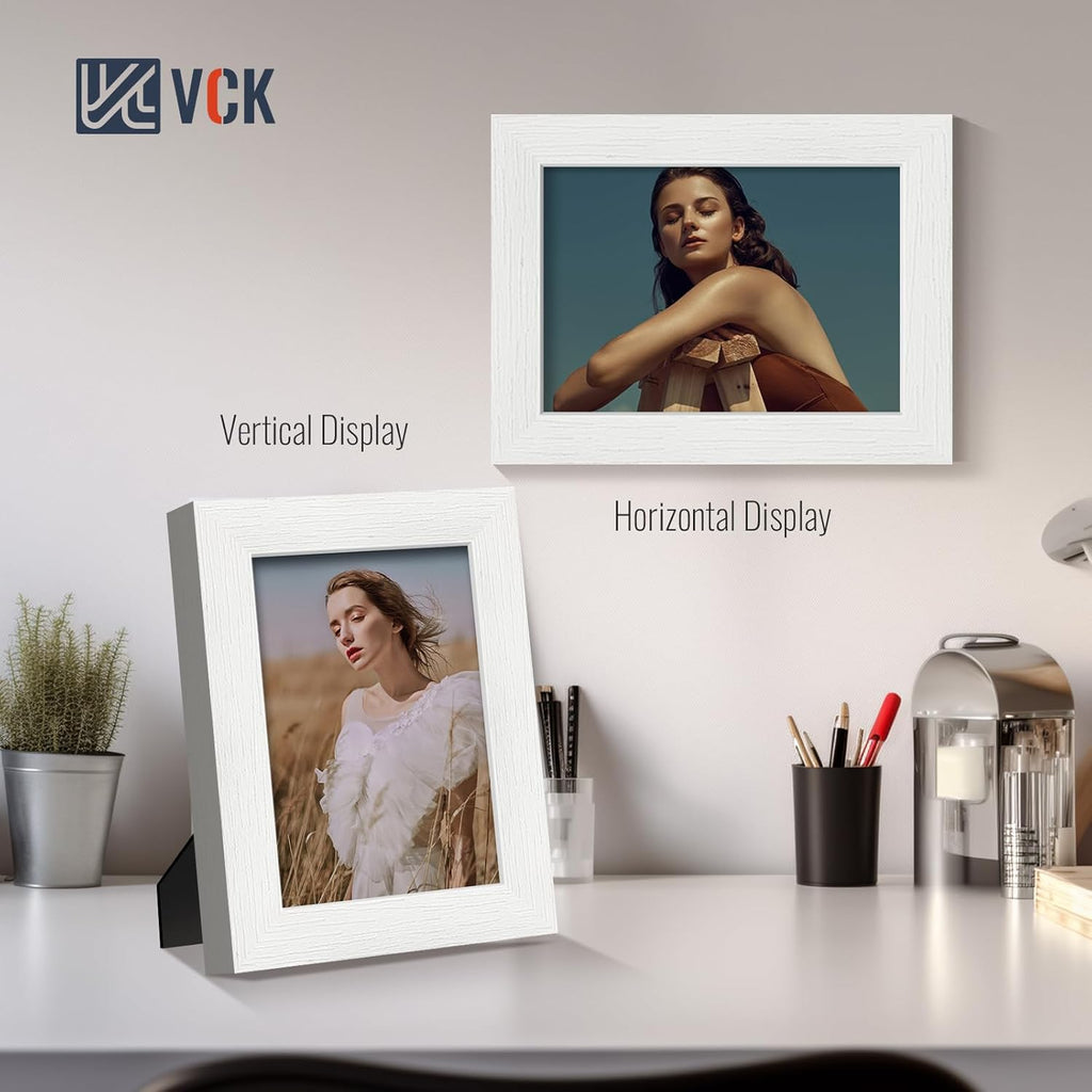 VCK 5x7 Picture Frames white Set of 6, Wide Border Wood Poster Frame, Multi-Directional Display Family Photos, Office Prints, Studio/Gallery Artwork, Woodgrain Series, Tabletop & Wall Hanging