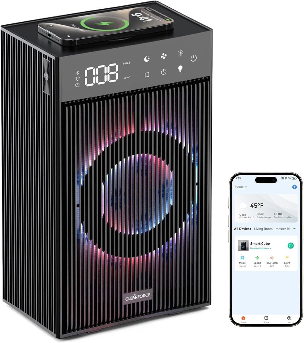 CleanForce Cube | 4-in-1 Desk Smart Air Purifier with Bluetooth Speaker, Wireless Charger & Aroma Diffuser | for Home Office, Bedroom | FCC Certified | Quiet & Space Saving