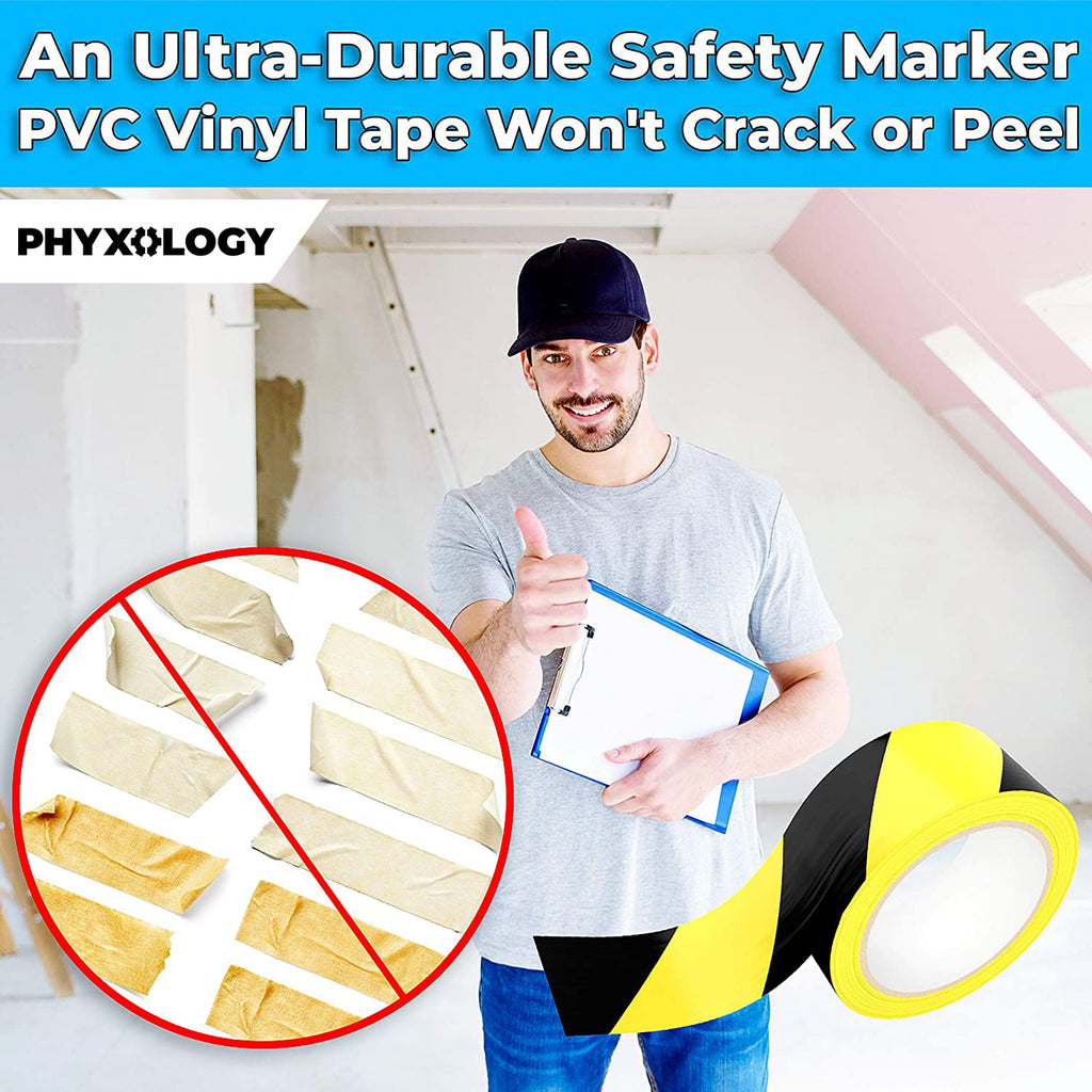 Single Roll Ultra-Adhesive Black & Yellow Hazard Tape for Floor Marking, High Visibility Striped PVC Vinyl, Durable Anti Scuff & Heavy Duty, Ideal for Safety Zones, Watch Your Step Areas in Workplaces