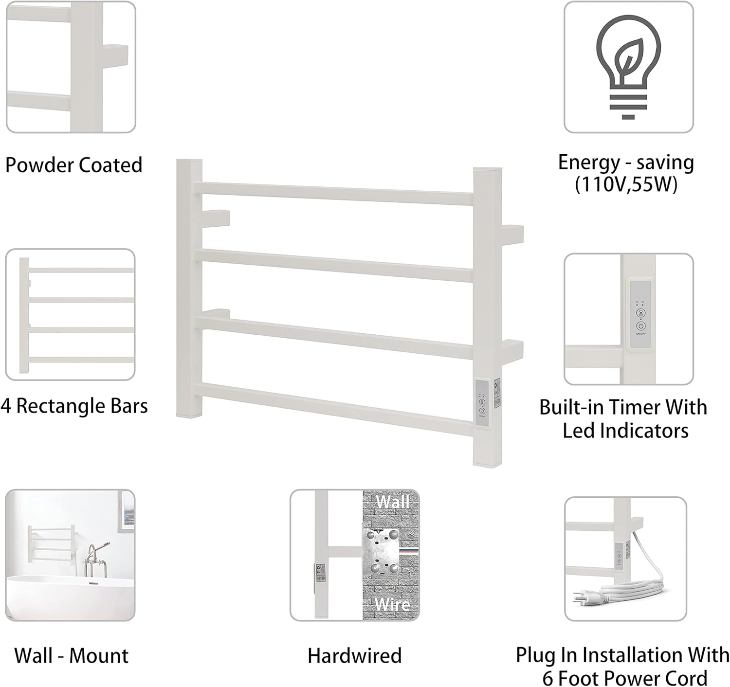KEG Towel Warmer 4 Bars for Bathroom Wall Mounted Bath Towel Heater Hardwired and Plug-in with Built-in Timer White Square white TW-4s-W Towel warmer 4 bars white