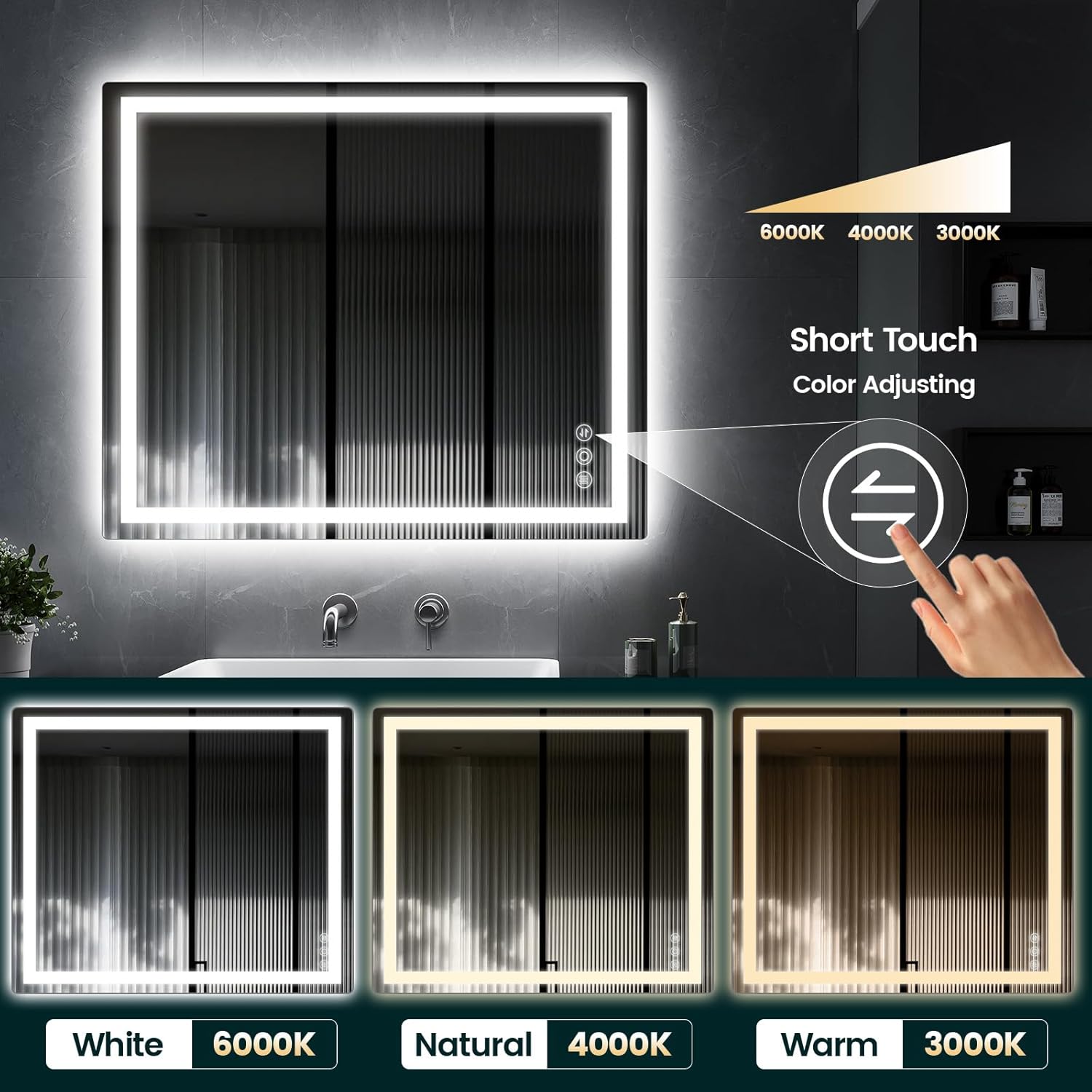 30"x 36" Bathroom Mirror for Over Sink, Anti-Fog LED Bathroom Mirror with Lights, Memory 3 Colors Modes & Dimmable Bathroom Vanity Mirror