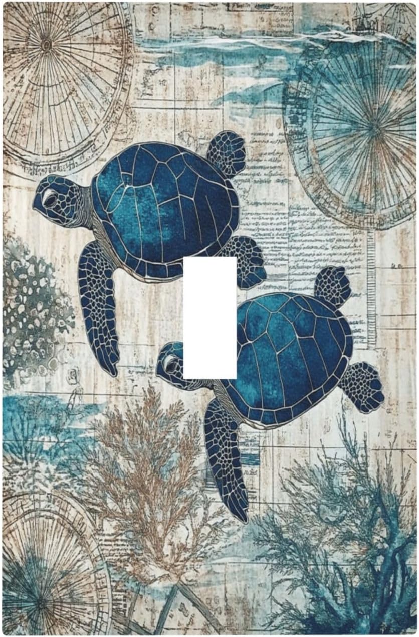 Blue Green Sea Turtle Tropical Ocean Coral Nautical Map Decorative Light Switch Cover 1 Gang Single Toggle Device Electrical Faceplate Switchplates Decorator Outlet Wall Plate For Bed Room Bathroom