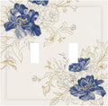 Decorative Light Switch Cover Plate Rustic Blue Flower Floral Gold Leaf 2 Gang Outlet Covers Double Toggle Wall Plates for Electrical Outlets Switch Plate Covers Faceplate for Home Decor