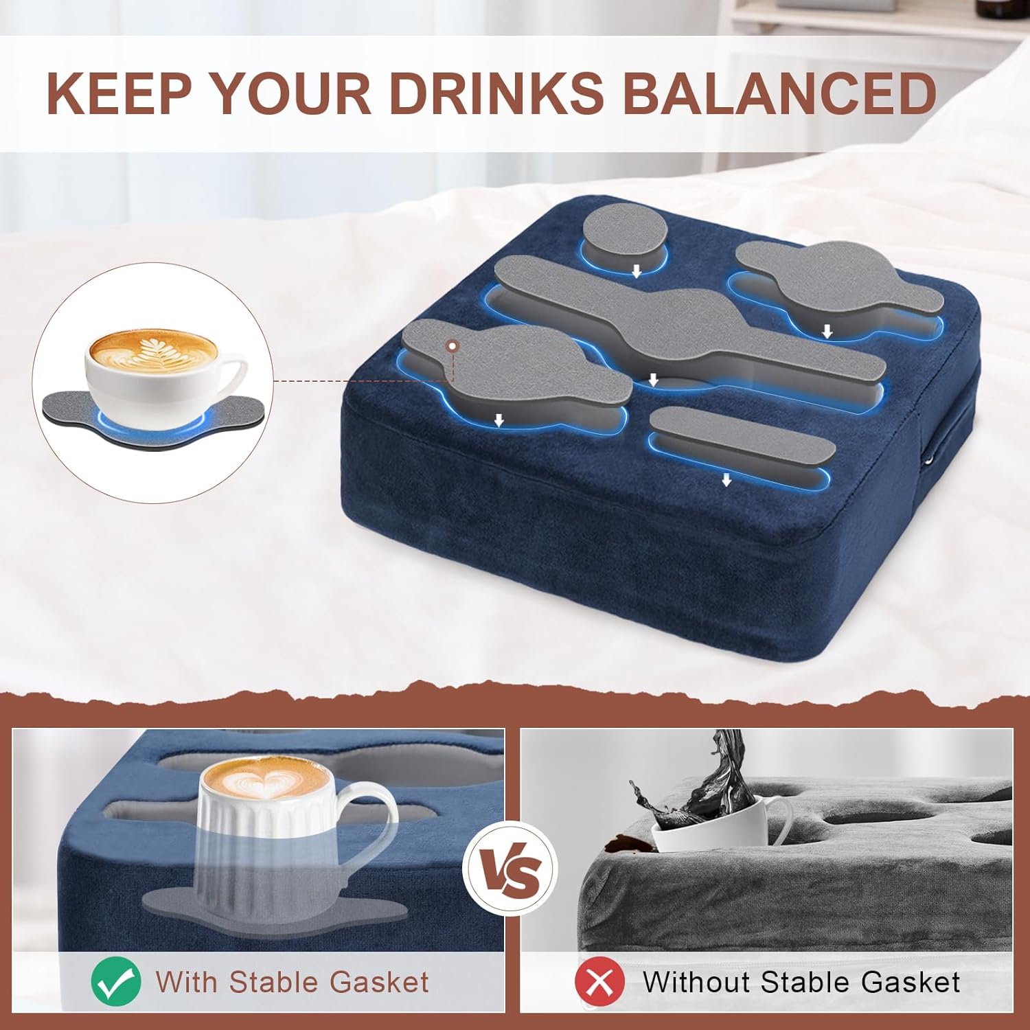 Couch Cup Holder Pillow - Sofa Cup Holder | Couch Caddy, Couch Drinks Remotes Holder for Cups, Headphones, Snacks, and Phones | Use it on Car, Pack, Beach, RV, and More (Navy)