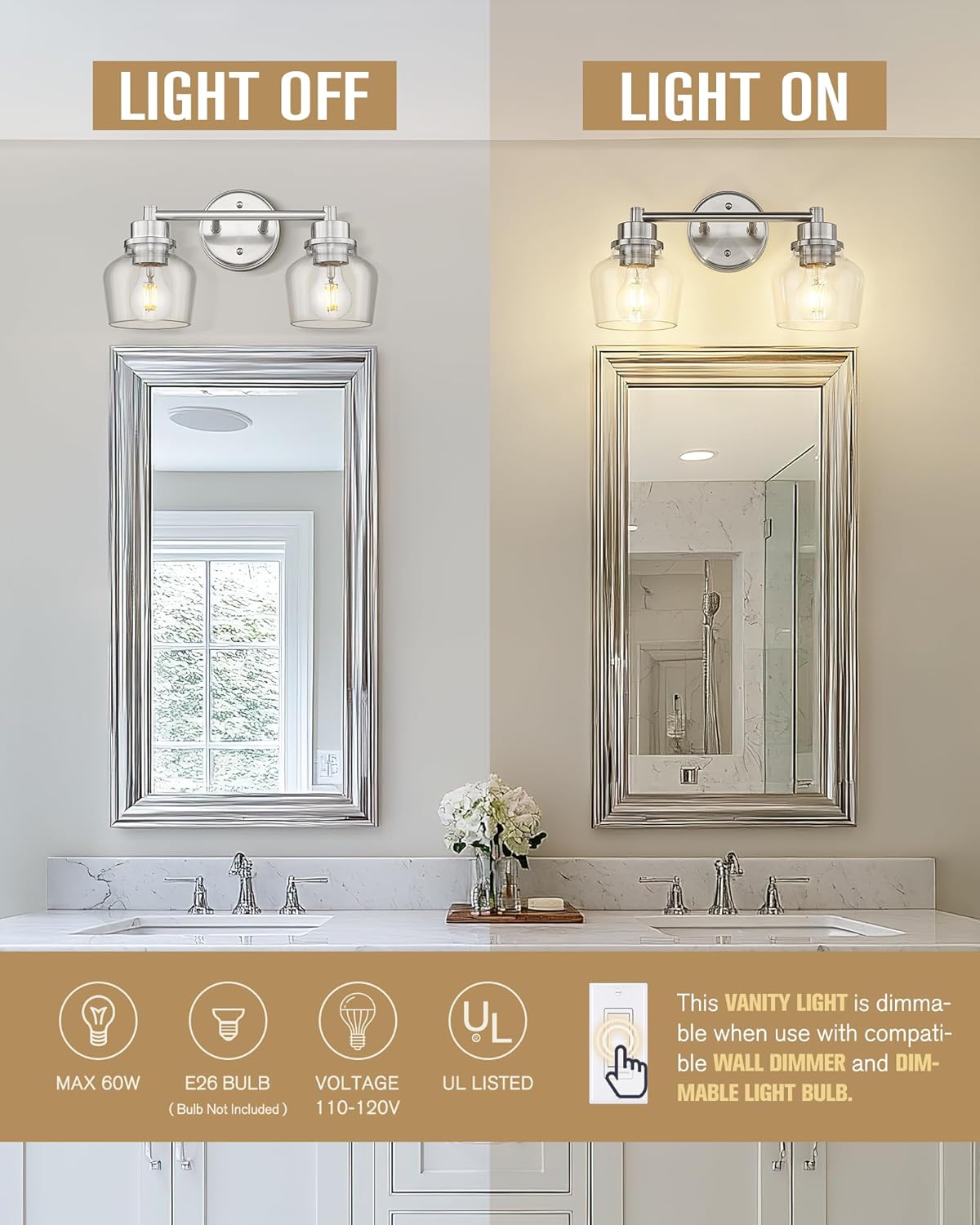Emak 2-Light Vanity Lights, Brushed Nickel Bathroom Lights Over Mirror with Clear Glass Shade, Modern Bathroom Wall Sconces, VL122-BN-CG-2