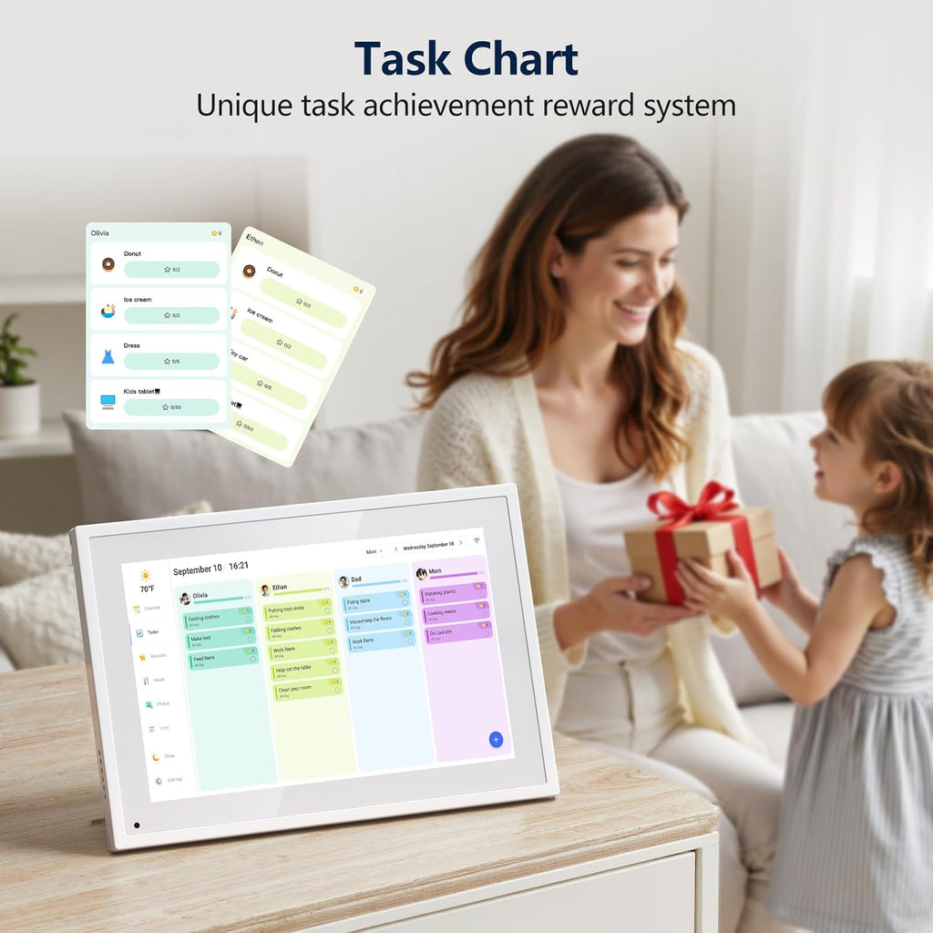 Digital Calendar, 10.1 Inch Smart Electronic Desk Calendar & Chore Chart, Touchscreen Interactive Display for Family Schedules with Meal Planner & Picture Frame & Lists