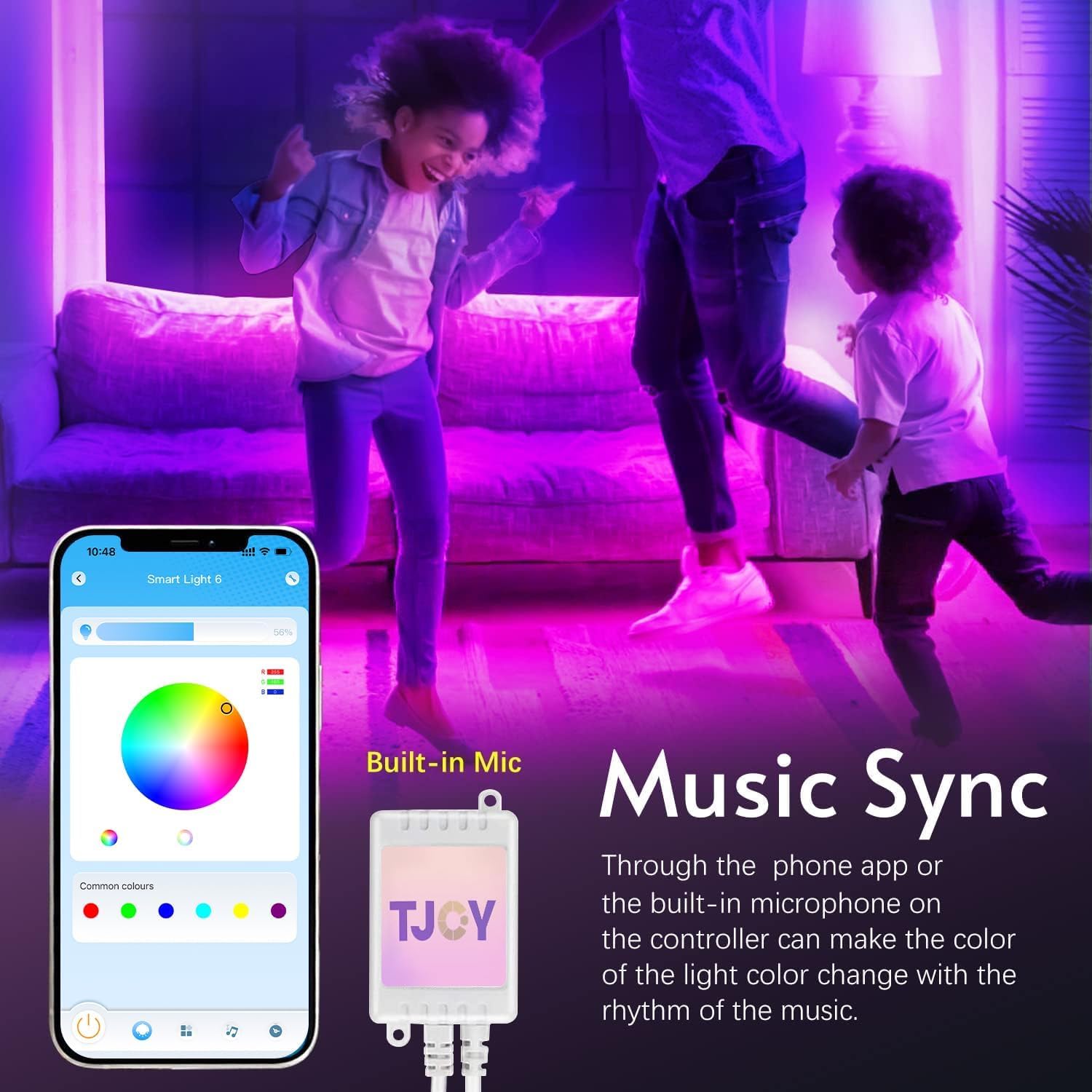 TJOY 65.6ft Kids Bluetooth LED Strip Lights, Music Sync Tape Lighting RGB Color Changing Lighting with Penguin Style Remote, APP Control, LED Lightis for Bedroom, Room DIY (APP+Remote+Mic)
