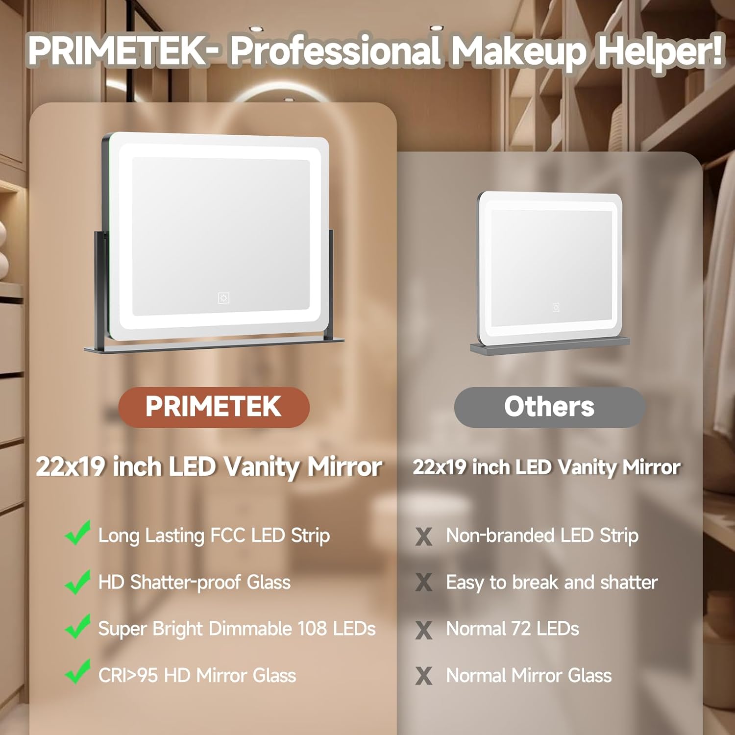 PRIMETEK Vanity Mirror with Lights, 22"x19" Large Makeup Mirror with Lights, LED Lighted Hollywood Makeup Mirror, Touch Sensor with 3-Color Lighting, Dimmable for Vanity Desk Tabletop, Bedroom, Black