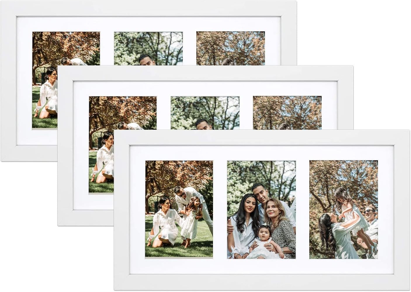 Golden State Art, Set of 3, 9x18 White Wood Frame - White Mat for Three 5x7 Pictures - Sawtooth Hangers- Swivel Tabs - Wall Mounting - Landscape/Portrait - Real Glass - Collage Frame