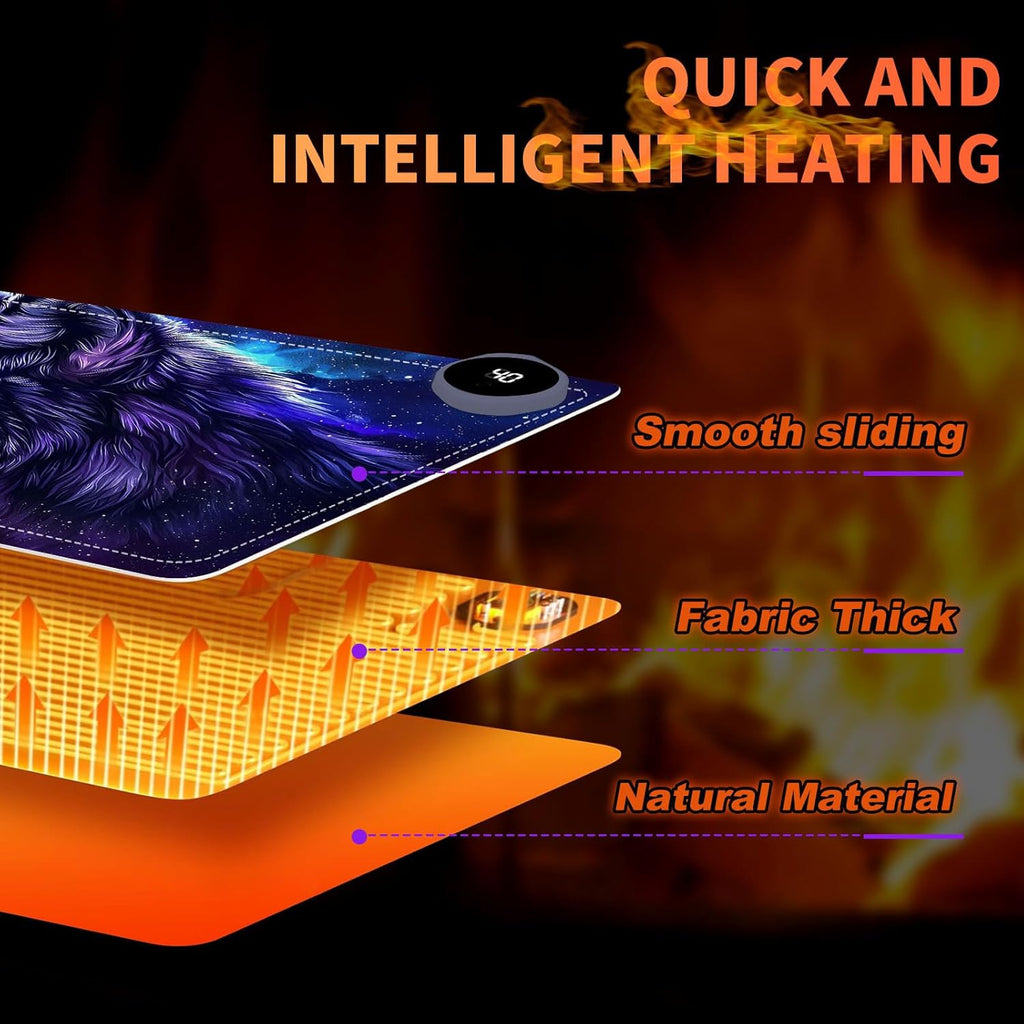 Heated Mouse Pad, Warm Desk Pad, Keyboard Mat 23.6 x 14 Inch Large Size Intelligent Fast Heating, 3 Speed Adjustable, Timed Auto Power Off for Game Office Home, Galaxy Wolf