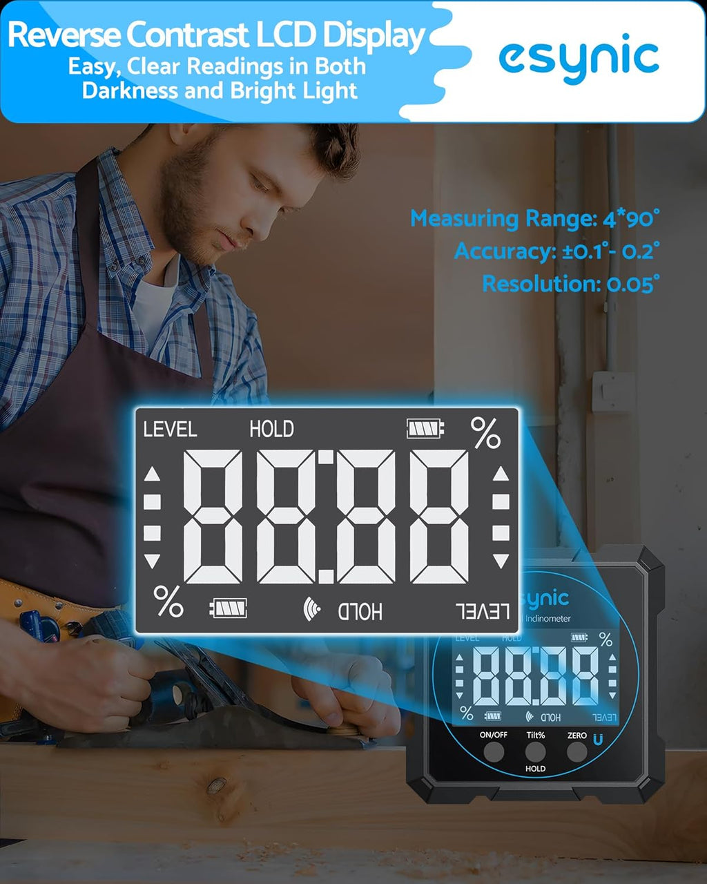 eSynic Digital Level Box - 4-Side Magnetic Digital Angle Gauge with 0.05° High Precision & Large LCD Display- Rechargeable IP54 Waterproof Inclinometer, Aluminum Frame for Woodworking/Construction