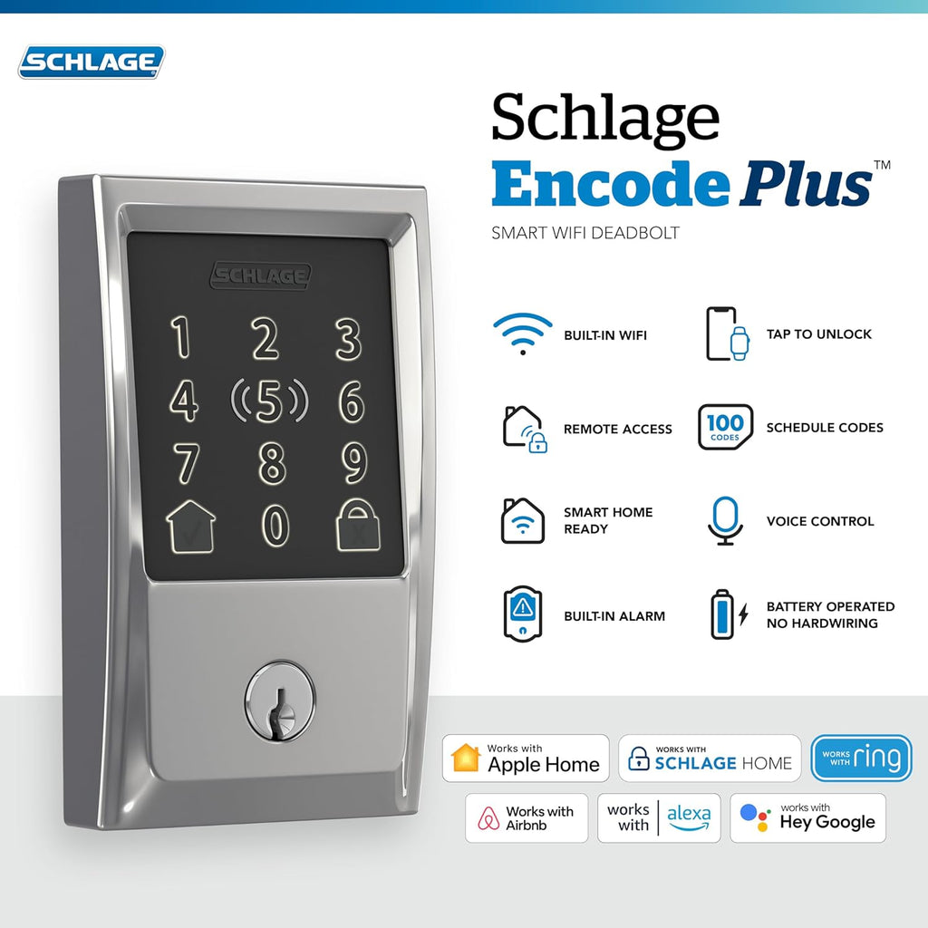 Schlage BE499WB CEN 625 Encode Plus WiFi Deadbolt Smart Lock, Keyless Entry Touchscreen Door Lock with Century Trim, Bright Chrome
