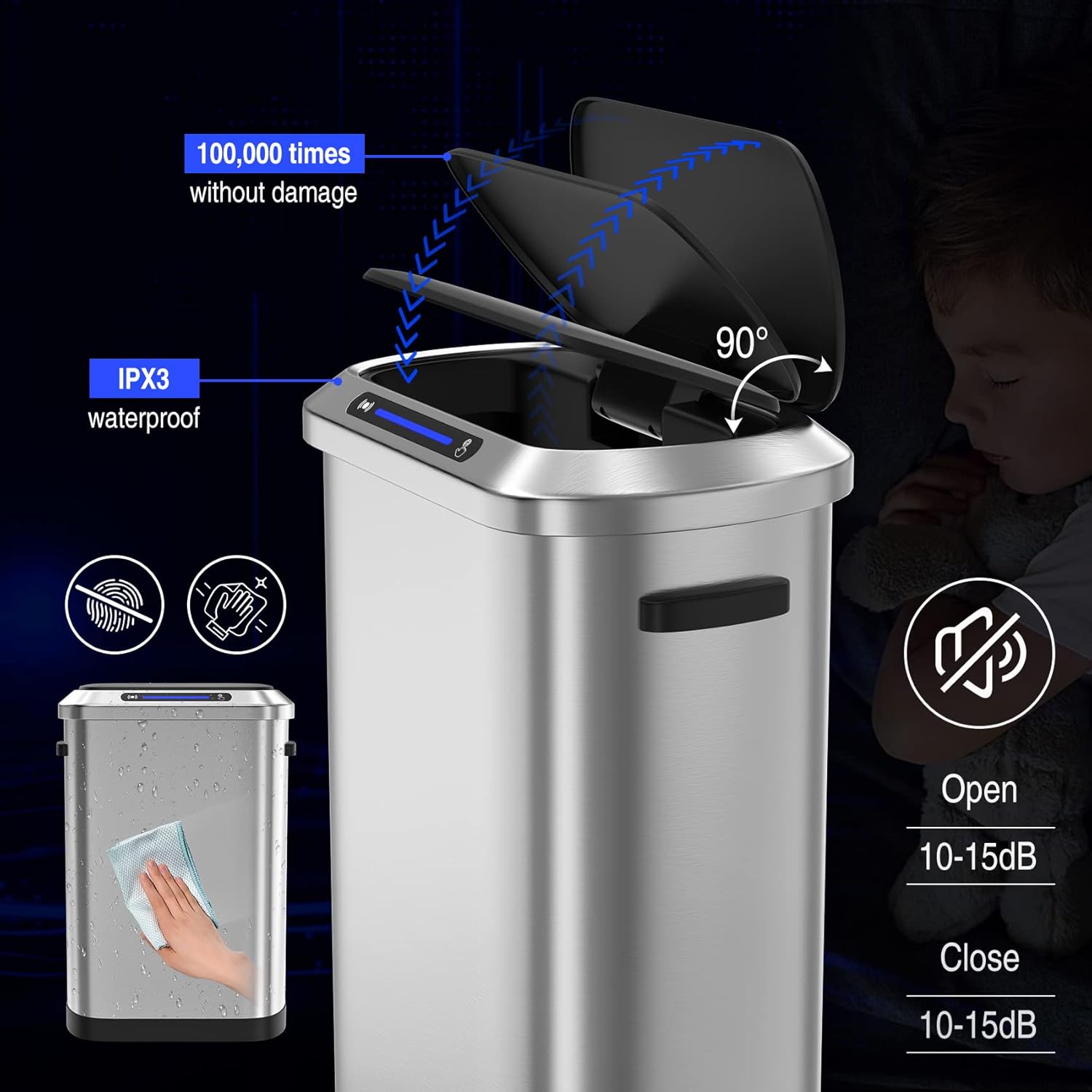 Touchless Automatic Motion Sensor Trash Can, 50L/13 Gallon Stainless Steel Smart Bin for Kitchen, Office, Bedroom, Living Room with Built-in Bag Holder - Black
