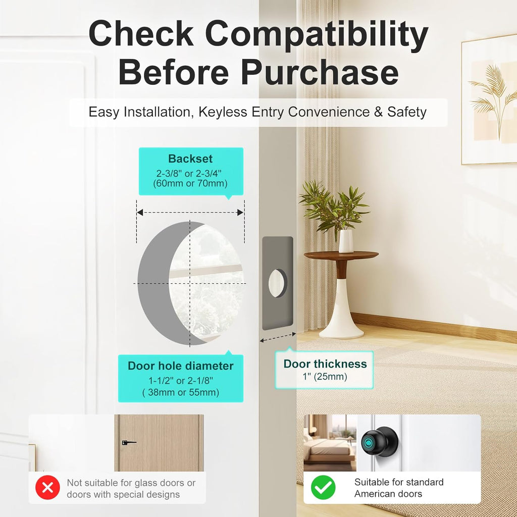 JO.KO Fingerprint Door Lock, Biometric Door Lock with App Control & Key, Smart Door Lock for Bedroom, Entry Door, Keyless Finger Print Door Knob with Thumb Print Black