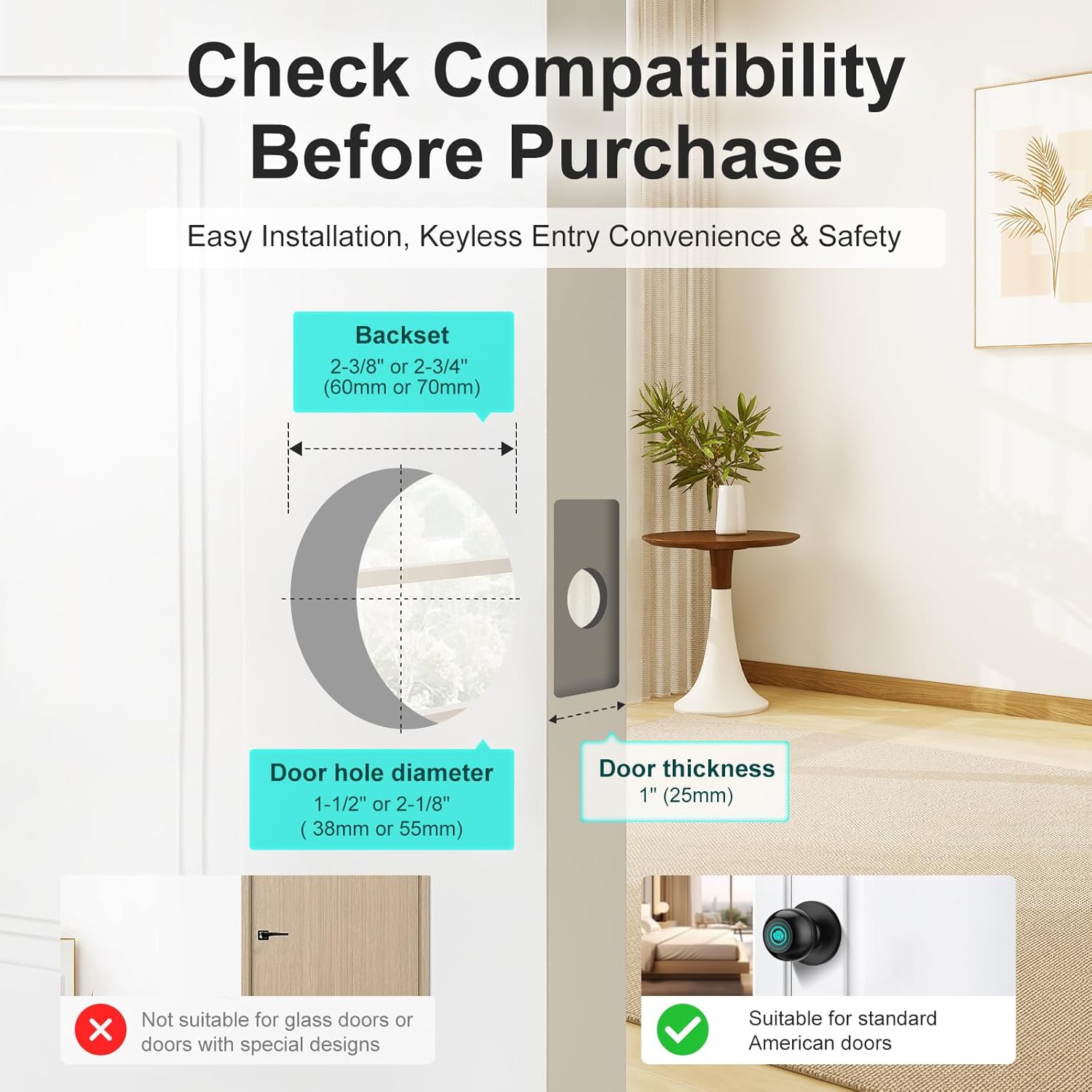 JO.KO Fingerprint Door Lock, Biometric Door Lock with App Control & Key, Smart Door Lock for Bedroom, Entry Door, Keyless Finger Print Door Knob with Thumb Print Black