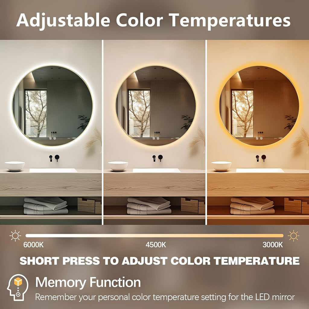 Niccy Round Led Mirror for Bathroom, 36" Backlit Mirrors for Wall Circle Lighted Mirror with Old Gold Frame Anti-Fog, 3 Colors, HD Glass and IP65 Waterproof