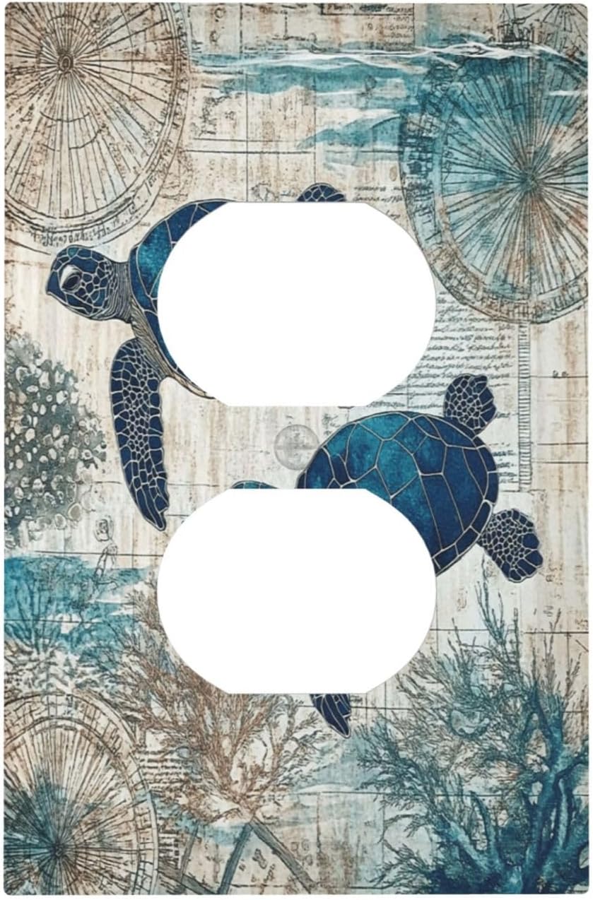 Blue Green Sea Turtle Tropical Ocean Coral Nautical Map Outlet Covers 1 Gang Duplex Light Switch Cover Decorative Switch Plates Electrical Receptacle Faceplate Wall Plate For Bed Room Bathroom Decor