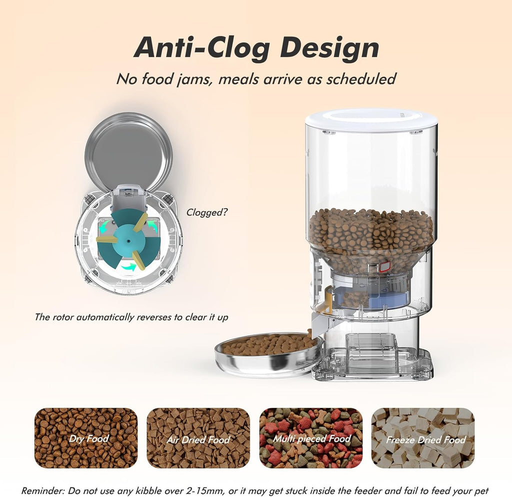 Automatic Cat Feeder - 5L Anti-Clog Cat Food Dispenser Keeps Dry Food Fresh, 10s Voice, 1-6 Meals/Day, Programmable Portions, 180-Day Battery Life, Easy to Clean Auto Pet Feeder for Multi Cats & Dogs