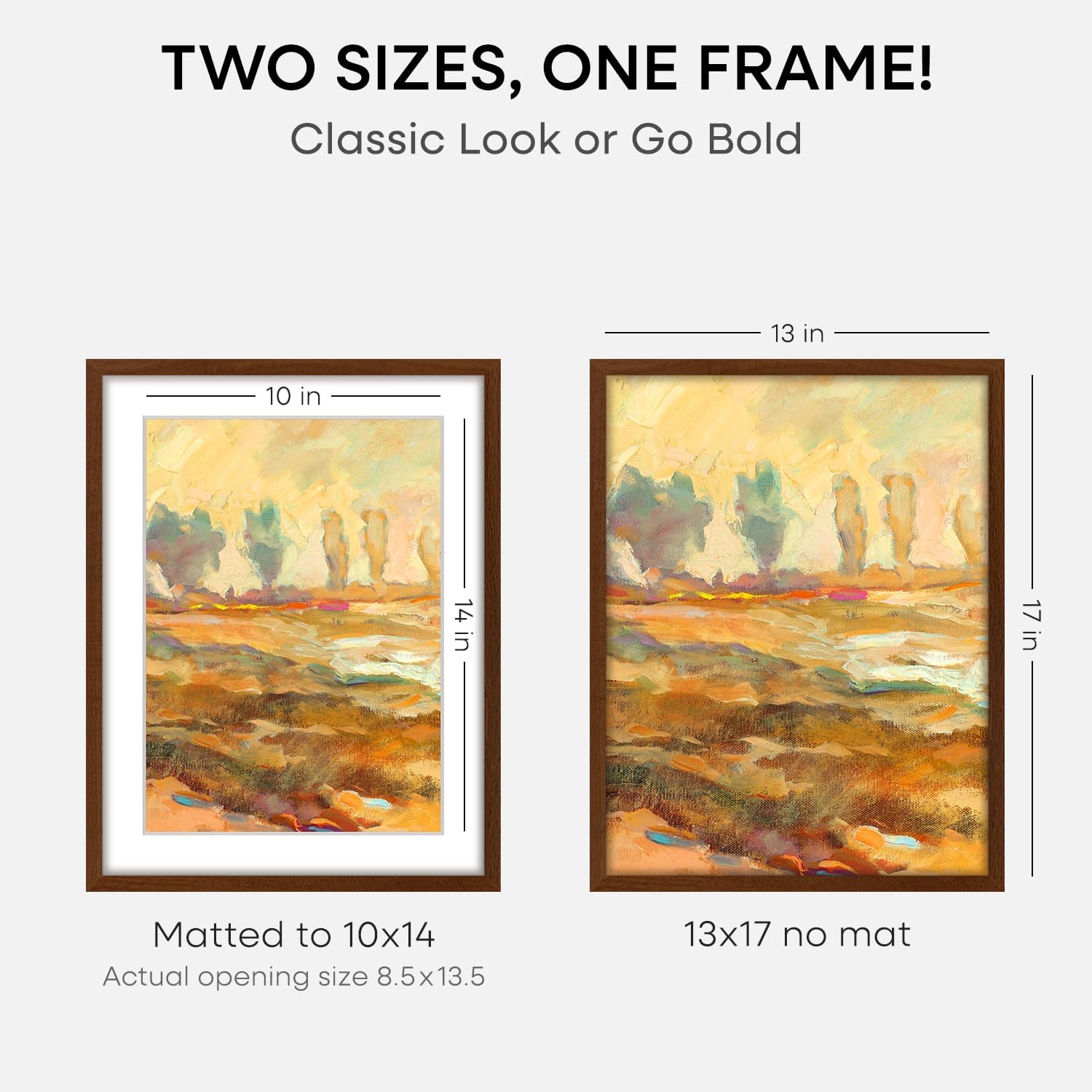 Homeforia 13x17 Picture Frame Brown, High End Dark Oak 13x17 Poster Wood Frame with Mat 10x14 for Photo, 13 x 17 Wooden Walnut Frame Matted to 10 x 14, 17x13 Frames, Tempered Glass, Wall Kit, Set of 1