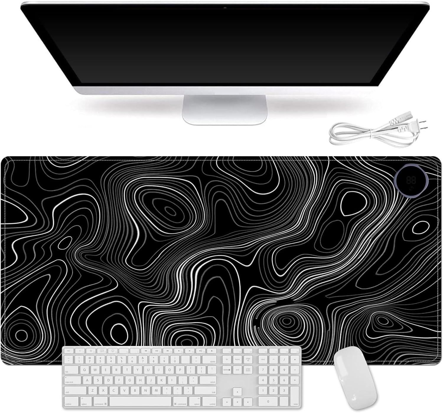 Small Heated Desk Pad 23.6" x 14.2" – Compact Electric Mouse Pad with 3 Heating Levels, Auto Shut-Off, Waterproof PU Surface, Plug-in Warmer for Office or Home Use, Topographic Lines
