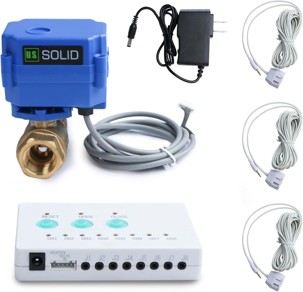 U.S. Solid Water Leak Detector - Water Leak Detect and Protect System with 3/4" Brass Motorized Ball Valve, Controller and 3 Sensors(Pack of 10)