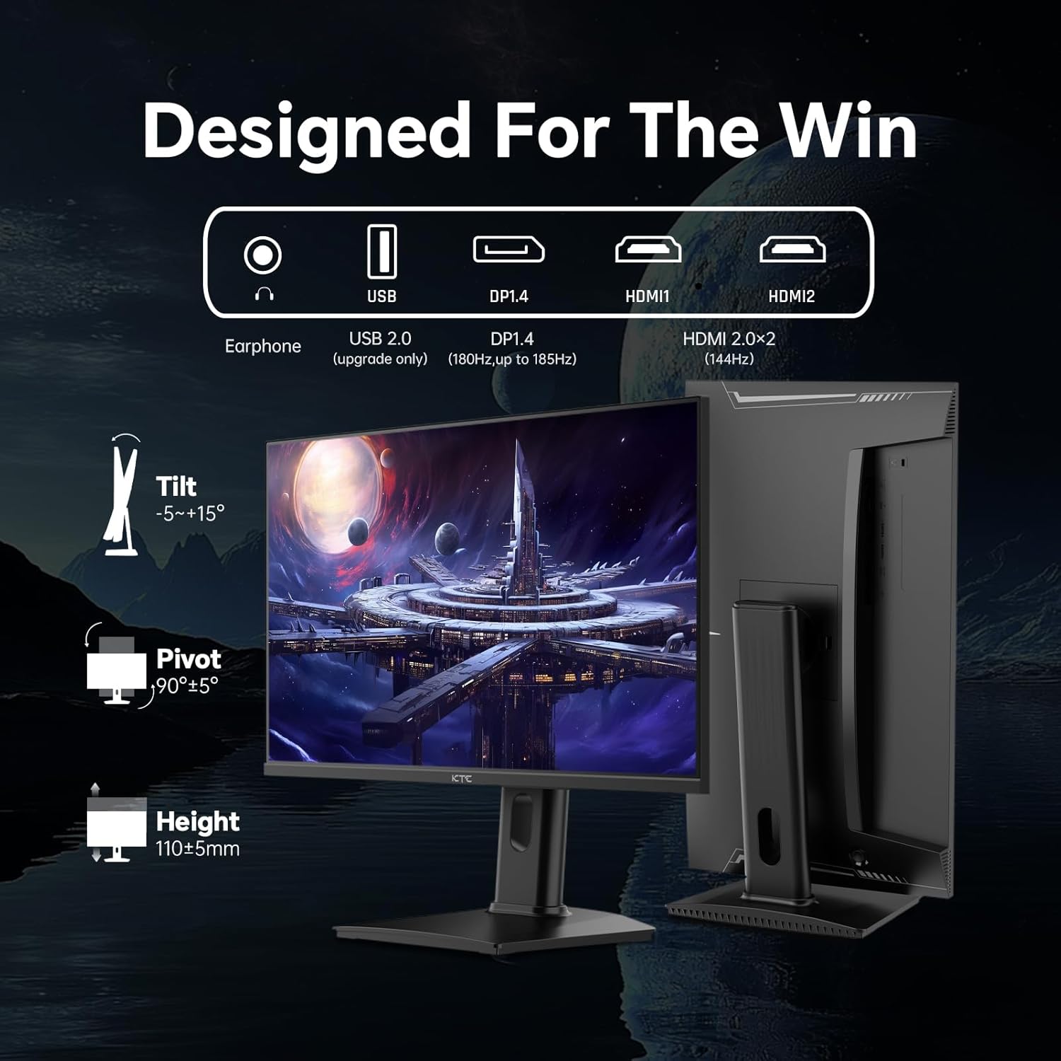 KTC 24 inch Gaming Monitor QHD 180Hz, Fast IPS 1440p Computer Monitor, Up to 185Hz, 1ms, G-Sync/FreeSync, HDR400, Height Adjustable, 2 x HDMI, 1 x DP H24T7