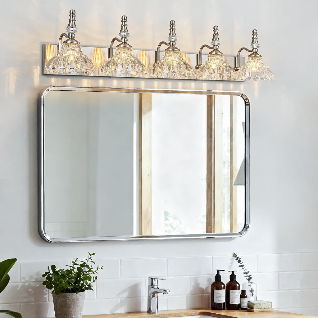 Vintage Bathroom Vanity Light, 5-Light Brushed Nickel Vanity Lighting Fixture with Flower Glass Shade, Bathroom Lighting Fixtures Over Mirror