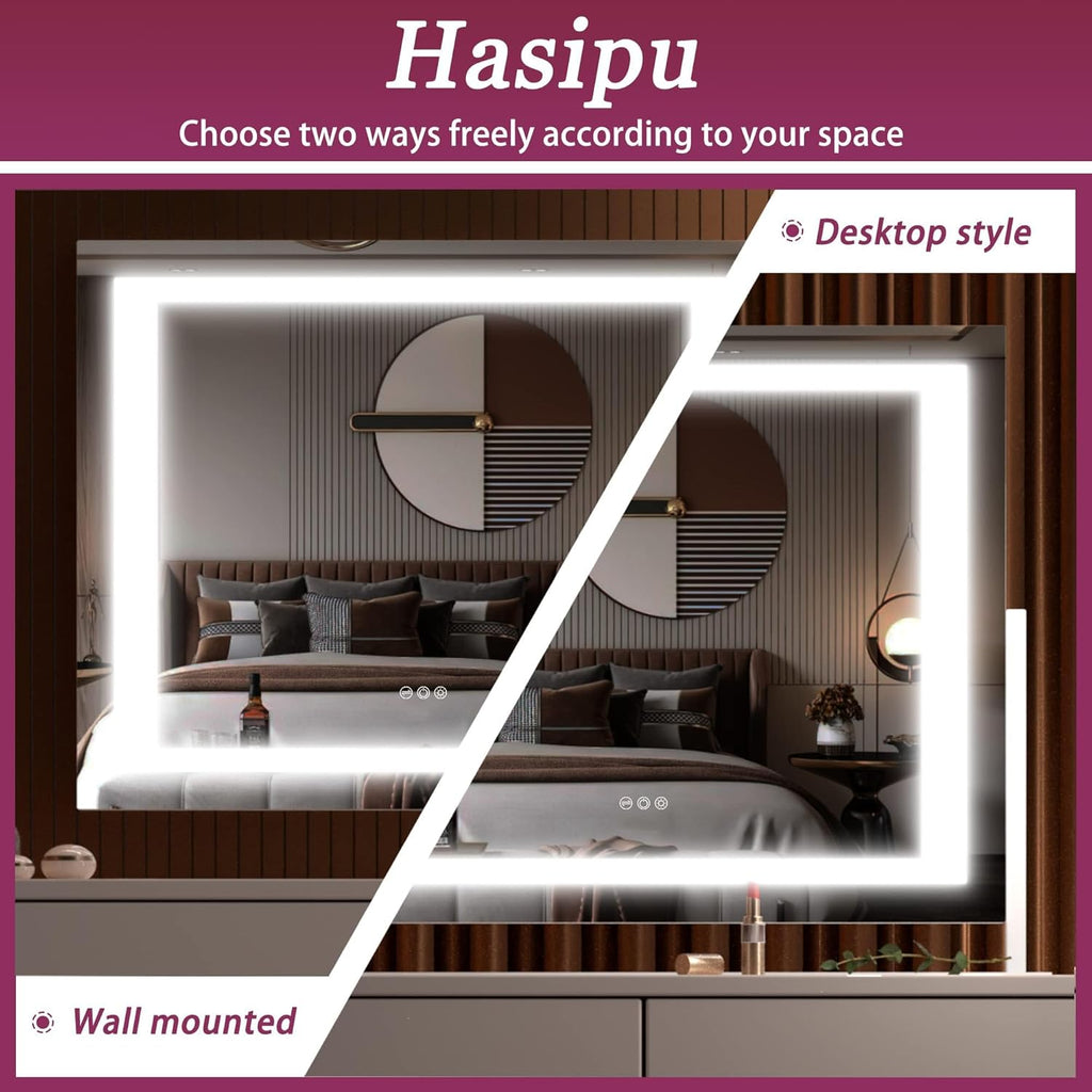 Hasipu Vanity Mirror with Lights, 24.2" x 19.7" LED Makeup Mirror, Light up Mirror with 10X Magnification and USB, Phone Holder, Smart Touch 3 Colors Dimmable, 360° Rotation (Right Angle White)