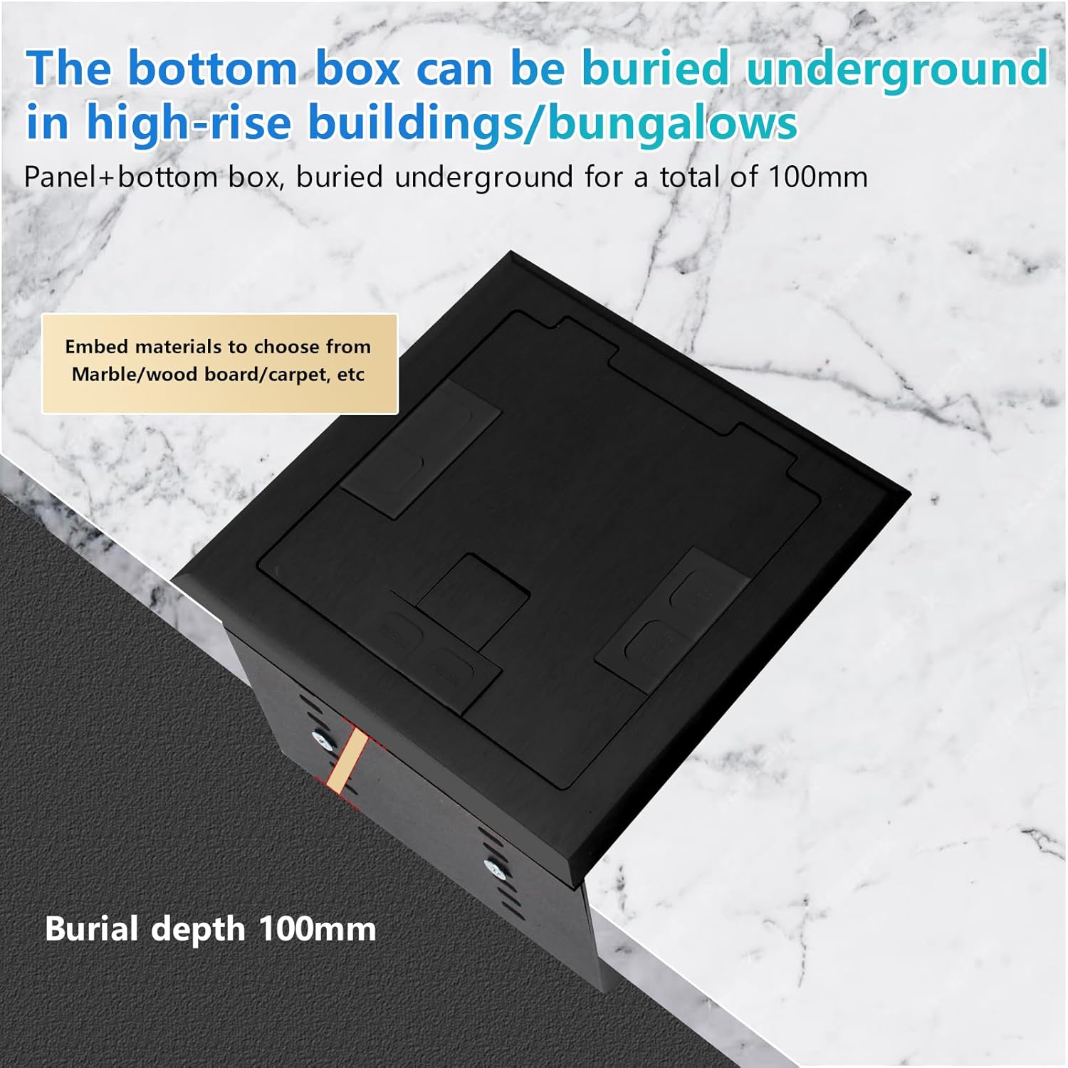 KYHSHJ Recessed Flat Hidden Socket Kit with 2 * 20A Receptacle，4.8A*2 USB-A Ports +3-Port RJ45 Datacom Receptacle. Internal Height Adjustable，Corrosive Resistant Hardware,Black