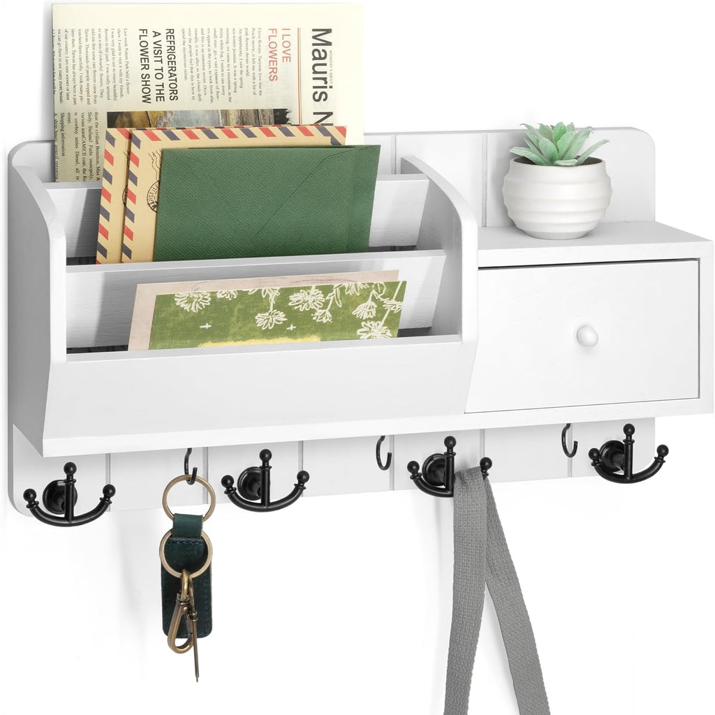 Rebee Vision Key Holder Wall Mount and Mail Organizer : Farmhouse Key and Mail Holder for Wall with Drawer and 7 Key Hooks - Decorative Home Organization for Wall Decor Aesthetic (White)