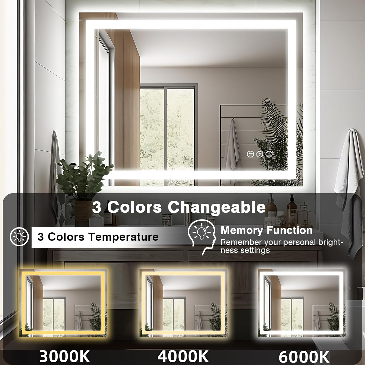 40"x32" LED Bathroom Mirrors for Wall, Front and Backlit Mirror, Anti-Fog Vanity Mirror with Lights, Stepless 3 Colors Dimmable Lighted Mirror(Horizontal/Vertical)