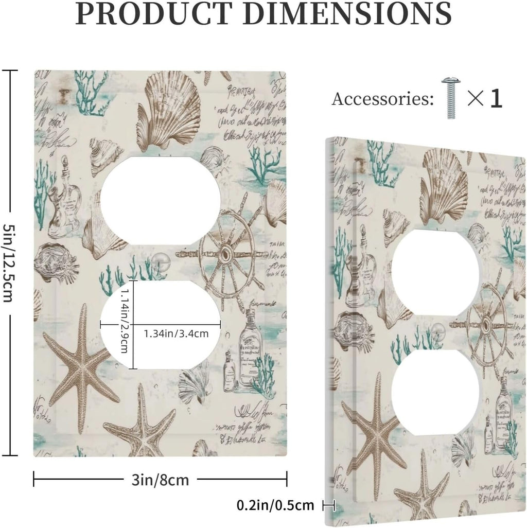 Mid Century Seashells Starfish Compass Outlet Covers 1 Gang Duplex Light Switch Cover Decorative Switch Plates Electrical Receptacle Faceplate Wall Plate For Nursery Kids Room Decor