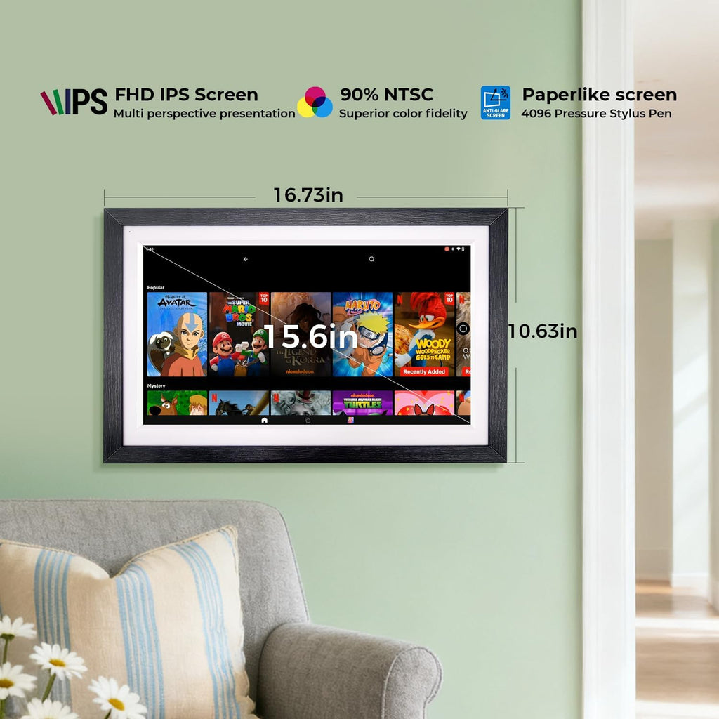 15.6" All-in-one Smart Display|Digital Google Calendar No Subscription|Picture Frame with Anti-Glare Touchscreen|Built-in Li-Battery|Wall-Mount or Desktop|Google Home Hub,App Store (15.6" Walnut Wood)