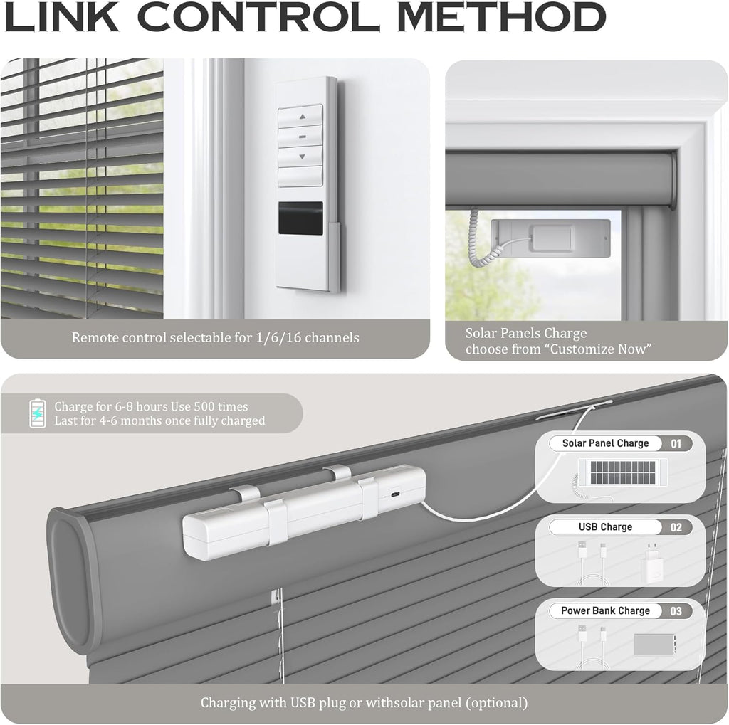 Motorized Cordless Aluminum Blinds with Remote, Automatic Room Darkening Horizontal Blinds for Indoor Windows, Light Adjustment Waterproof Blinds, Customized for Home Office, Gray