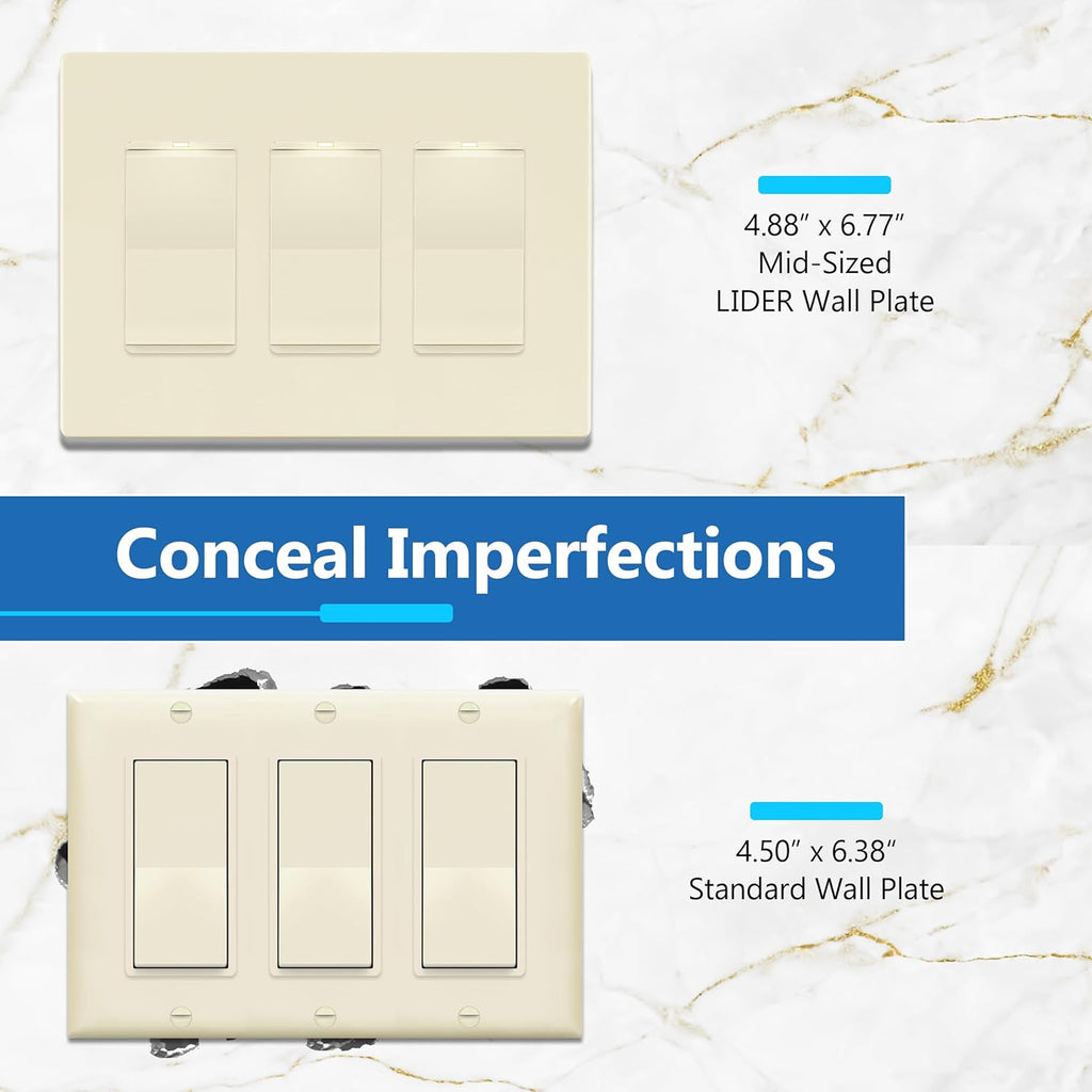 LIDER Matte Finish Decorator Switch Cover, Screwless Wall Plate, Mid-Size 3-Gang 4.88" x 6.77", Unbreakable Polycarbonate Thermoplastic, UL Listed, LSWP-33M-LA, Light Almond