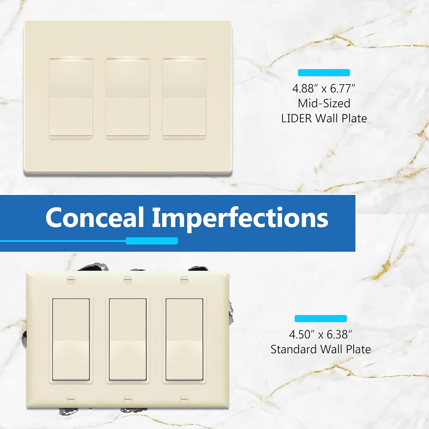 LIDER Matte Finish Decorator Switch Cover, Screwless Wall Plate, Mid-Size 3-Gang 4.88" x 6.77", Unbreakable Polycarbonate Thermoplastic, UL Listed, LSWP-33M-LA, Light Almond