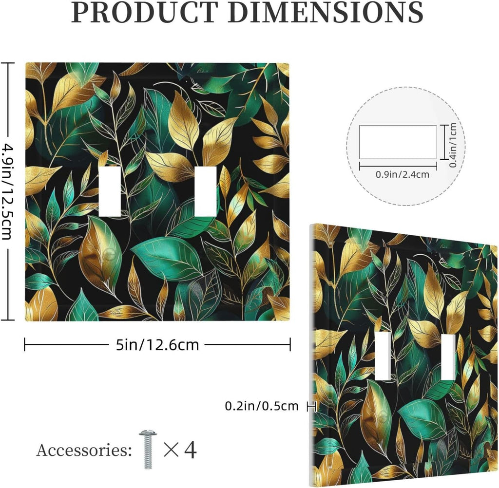 Decorative Switch Plates Vintage Dark Green Vine Leaf Golden Plants 2 Gang Double Toggle Outlet Light Switch Cover Wall Plate Electrical Faceplate for Bed Room Cabin Decor