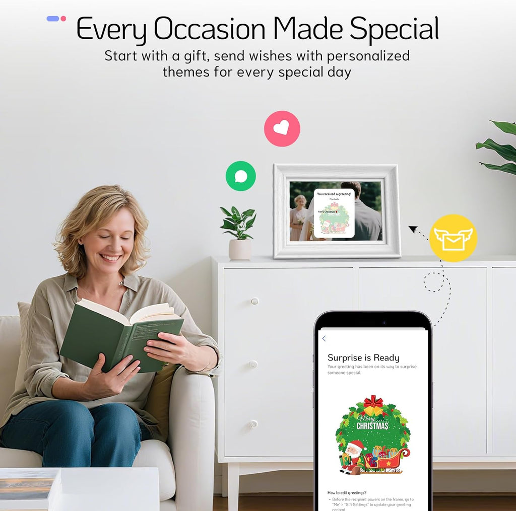 NexFoto Touchscreen Digital Picture Frame 10.1 Inch 64GB, WiFi Photo Frame Electronic, Add Pics from Google Photos, Easy to Share Videos via App/USB/Micro SD, for Christmas/Mom/Birthday, White Wood