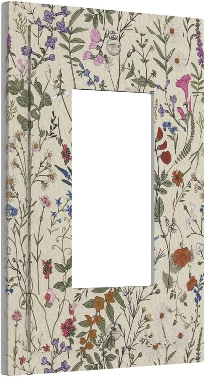 Beige Background Boho Flowers Plant Leaf 1 Gang Rocker Light Switch Covers Single Decora Outlet Wall Plate Decorative Switchplate Faceplate GFCI for Country Bathroom Bedroom Decor