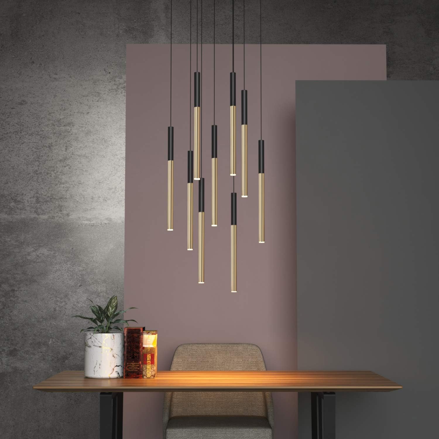 ALTAIR 9 Mini Pendant Lighting Black-Brass - LED Hanging Light Fixture for Kitchen Island, Bar, Foyer - Cluster Pendants - Dimmable, Adjustable Wire, Lamp Bulb Included