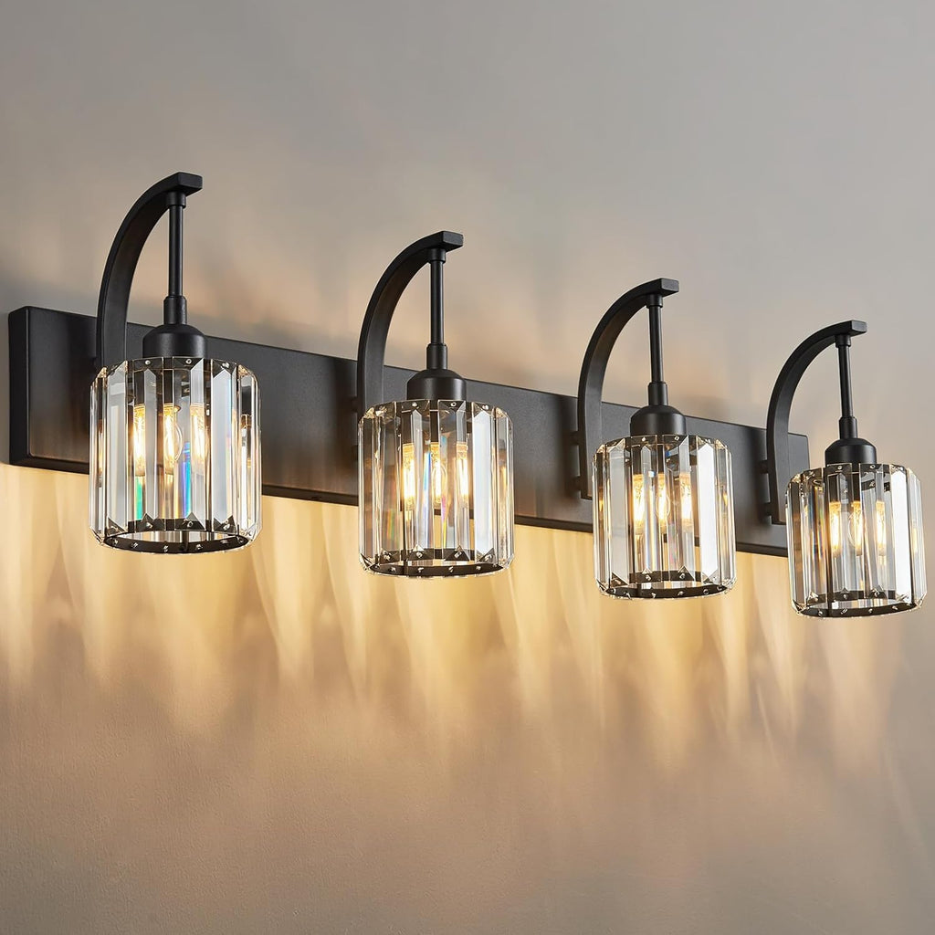 4-Light Crystal Vanity Light, Modern Black Bathroom Wall Sconce with K9 Crystal Shades, 32.67" Long Over Mirror Lighting for Vanity, Makeup, Hallway, Elegant & Easy Install