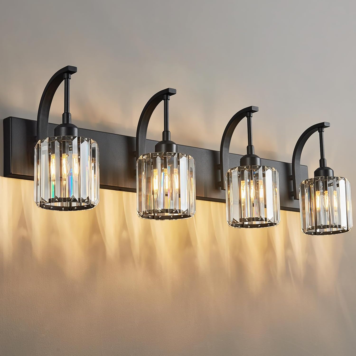 4-Light Crystal Vanity Light, Modern Black Bathroom Wall Sconce with K9 Crystal Shades, 32.67" Long Over Mirror Lighting for Vanity, Makeup, Hallway, Elegant & Easy Install