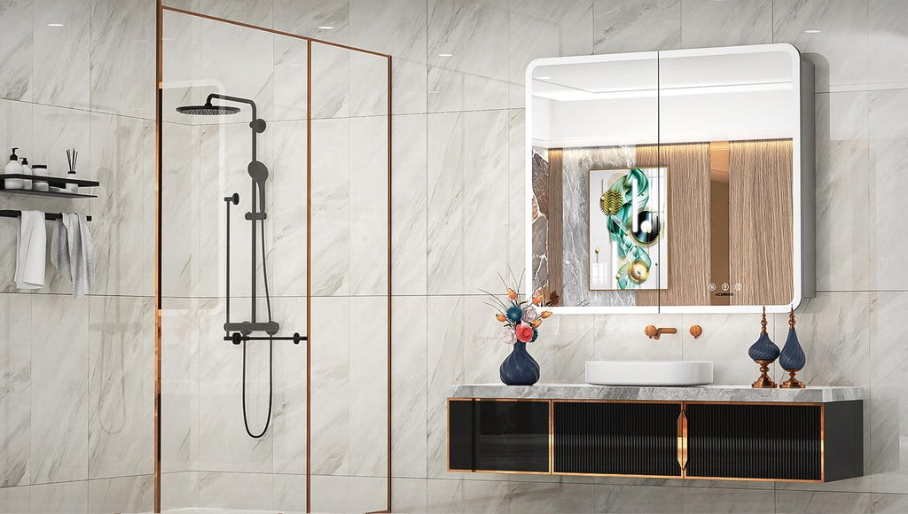 Medicine Cabinet with Lights, 36×32 Inch Bathroom Lighted Medicine Cabinet with Mirror, Defogger, Dimmer, LED Mirror Cabinet with RGB Backlit+3 Color Front Light, Wall Mounted