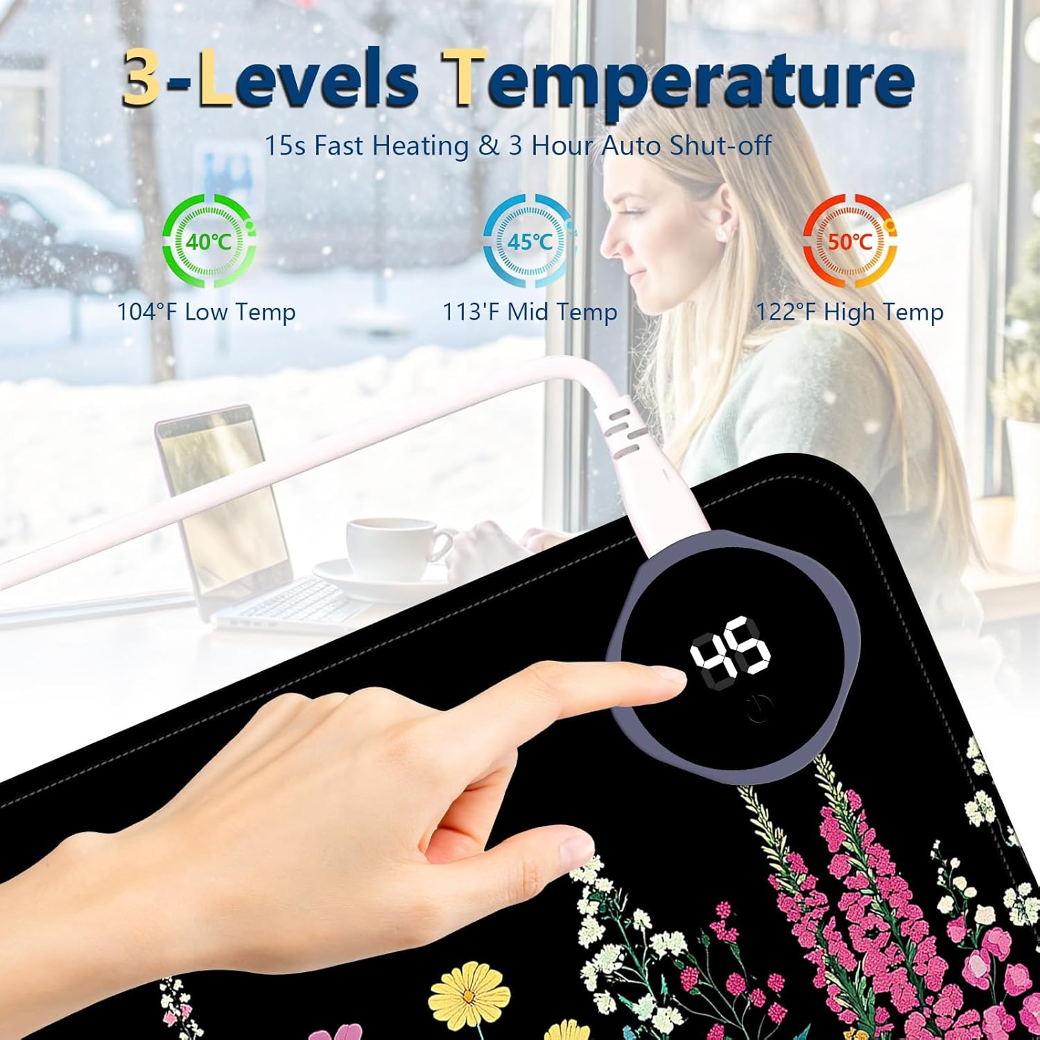 Heated Mouse Pad with 3 Temperature Settings(104°F–122°F),Large 24x14.2 Inch PU Leather Heated Desk Mat,Waterproof Warming Pad for Office,Gaming & Cold Hands Relief,Garden Flowers