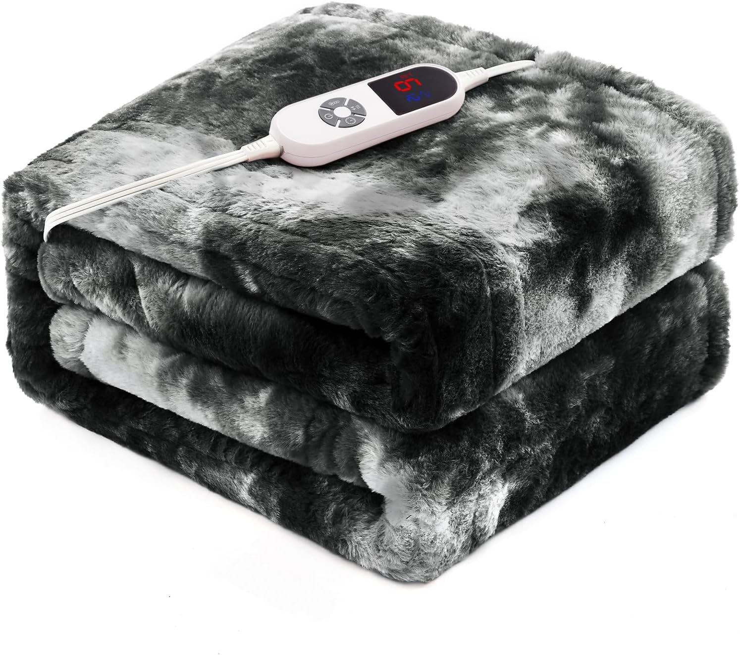 Electric Heated Throw Blanket 50"x60",Luxury Black Faux Rabbit Fur Electric Blanket,Fast Heating Soft Fluffy Thick Electric Blanket with 6 Heating Levels & 12H Auto Off