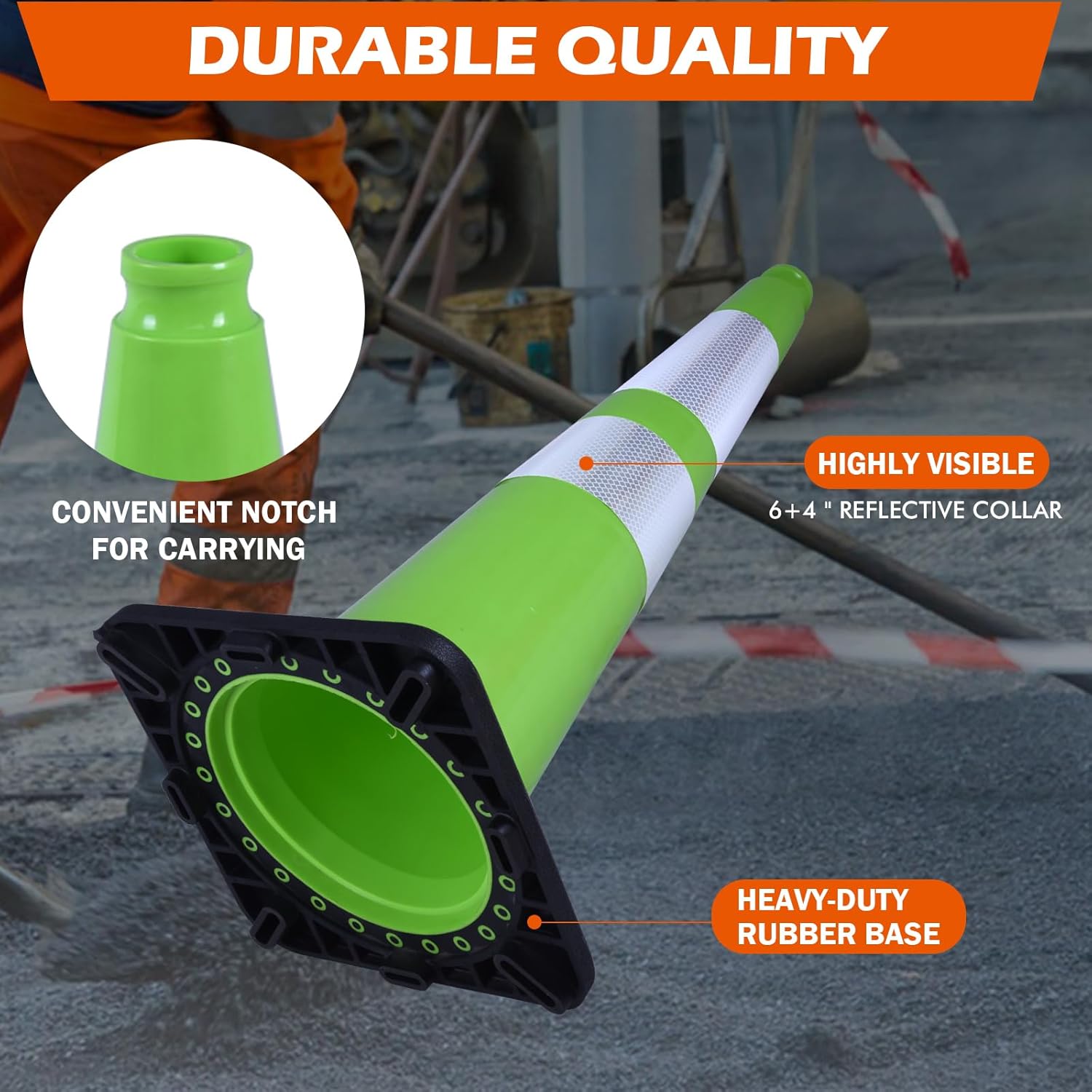 4 Pack 28 Inch Green PVC Traffic Cones Black Base Stable Flexible, Road Safety Construction Zone Crowd Control Safety Cones Outdoor Use (4, Green, 28 Inch)